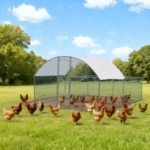 Alt View 6. Winado - 10x10FT Metal Poultry Cage Top Partially Open, Walk-in Chicken Pen with Waterproof Cover for Chicken Run Garden Outdoor - Silver Frame, Green Mesh.
