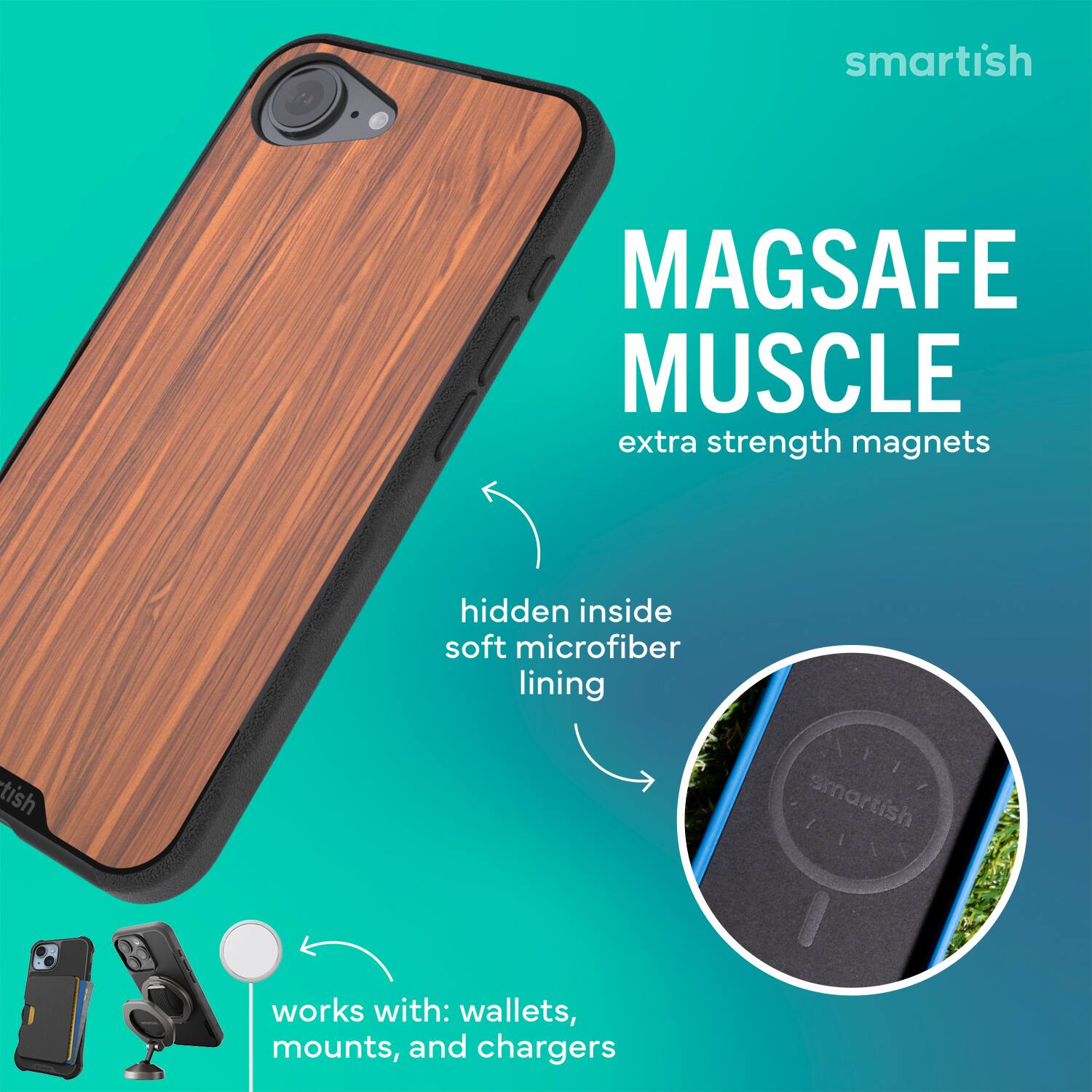 smartish MAGSAFE MUSCLE extra strength magnets hidden inside soft microfiber lining

works with: wallets, mounts, and chargers