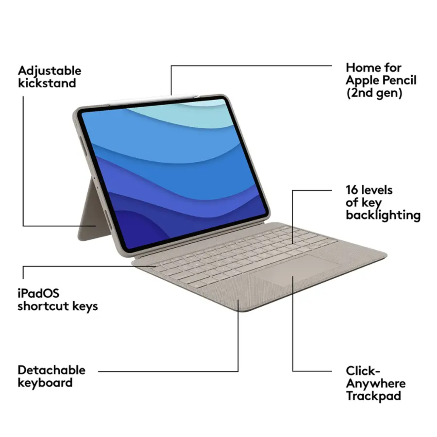 Adjustable kickstand Home for Apple Pencil (2nd gen) 16 levels of key backlighting iPadOS shortcut keys Detachable keyboard Click- Anywhere Trackpad