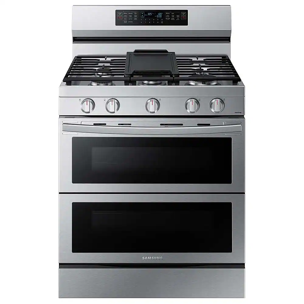 Front. Samsung - 6.0 cu. ft. Smart Freestanding Gas Range with Stainless Cooktop & Air Fry - Fingerprint Resistant Stainless Steel.
