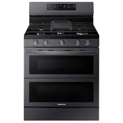 Front. Samsung - 6.0 cu. ft. Smart Freestanding Gas Range with Flex Duo & Air Fry - Black Stainless Steel.