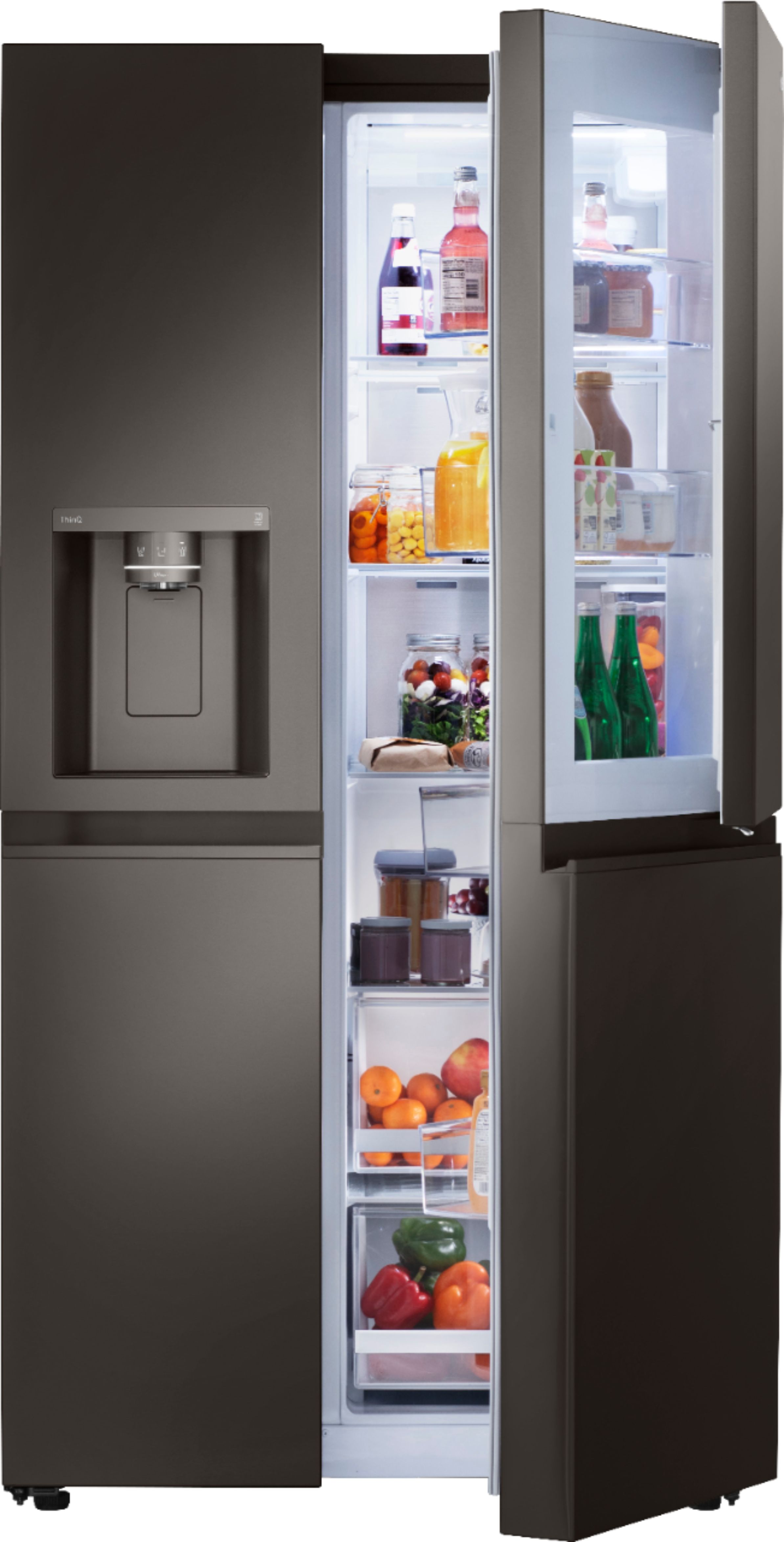 Left View: LG - 27.1 cu ft Side by Side Refrigerator with Door in Door, Craft Ice, and Smart Wi-Fi - Black stainless steel