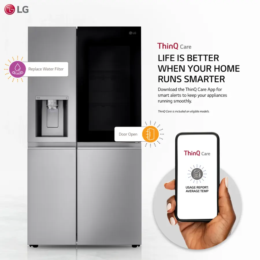 The image features a large refrigerator with a water dispenser on the door, advertising the LG ThinQ Care app. The app is designed to provide smart alerts and usage reports to keep your appliances running smoothly. The refrigerator is shown with a door open, and a hand is holding a cell phone, likely showcasing the ThinQ Care app. The advertisement emphasizes the convenience and efficiency of the app in managing your home appliances.