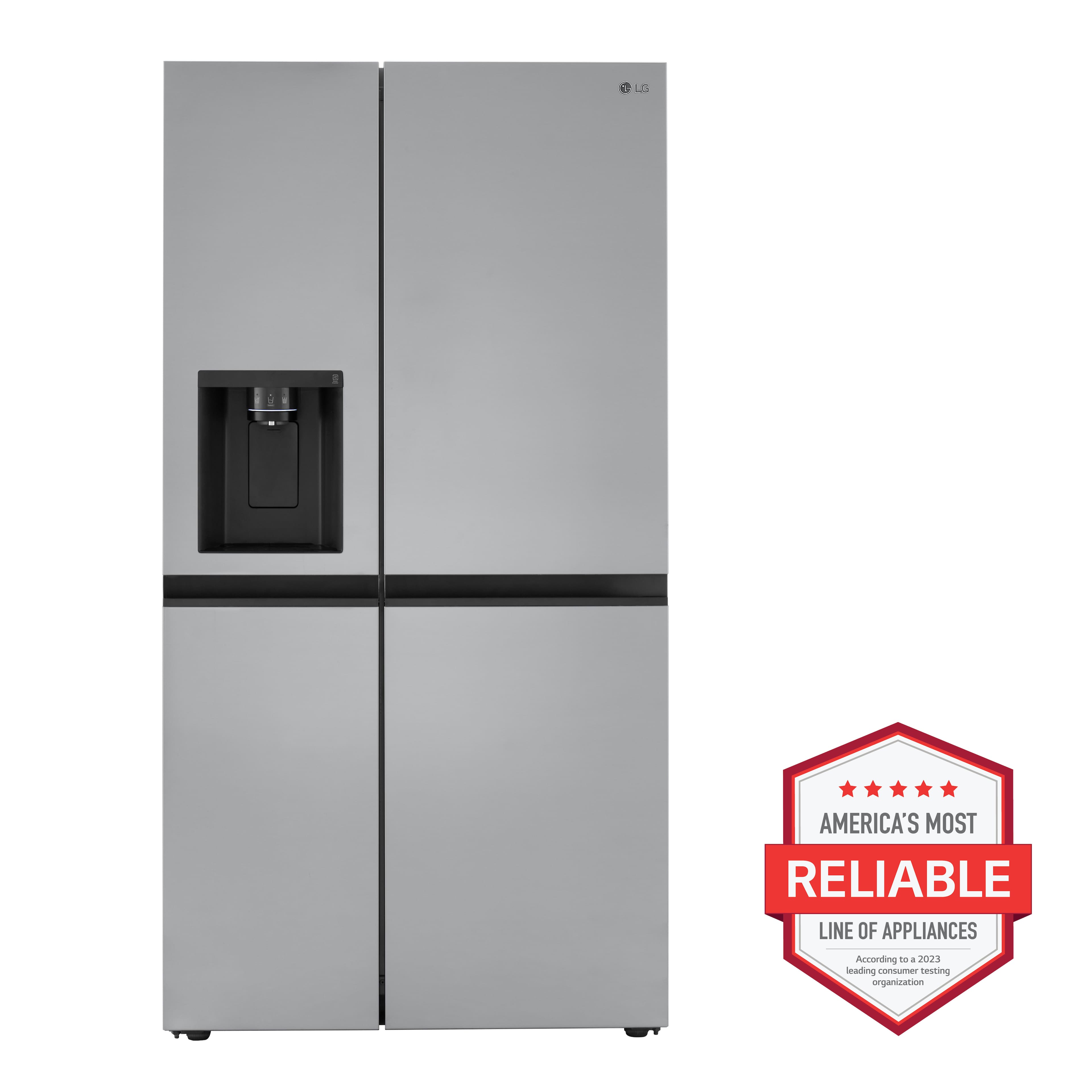The image features a large, metallic refrigerator with a water dispenser on the door. The refrigerator is a part of the "America's Most Reliable Line of Appliances," as indicated by the logo on the right side of the image. The refrigerator is designed to provide convenience and functionality to its users, making it an ideal choice for those looking for a reliable and efficient appliance.