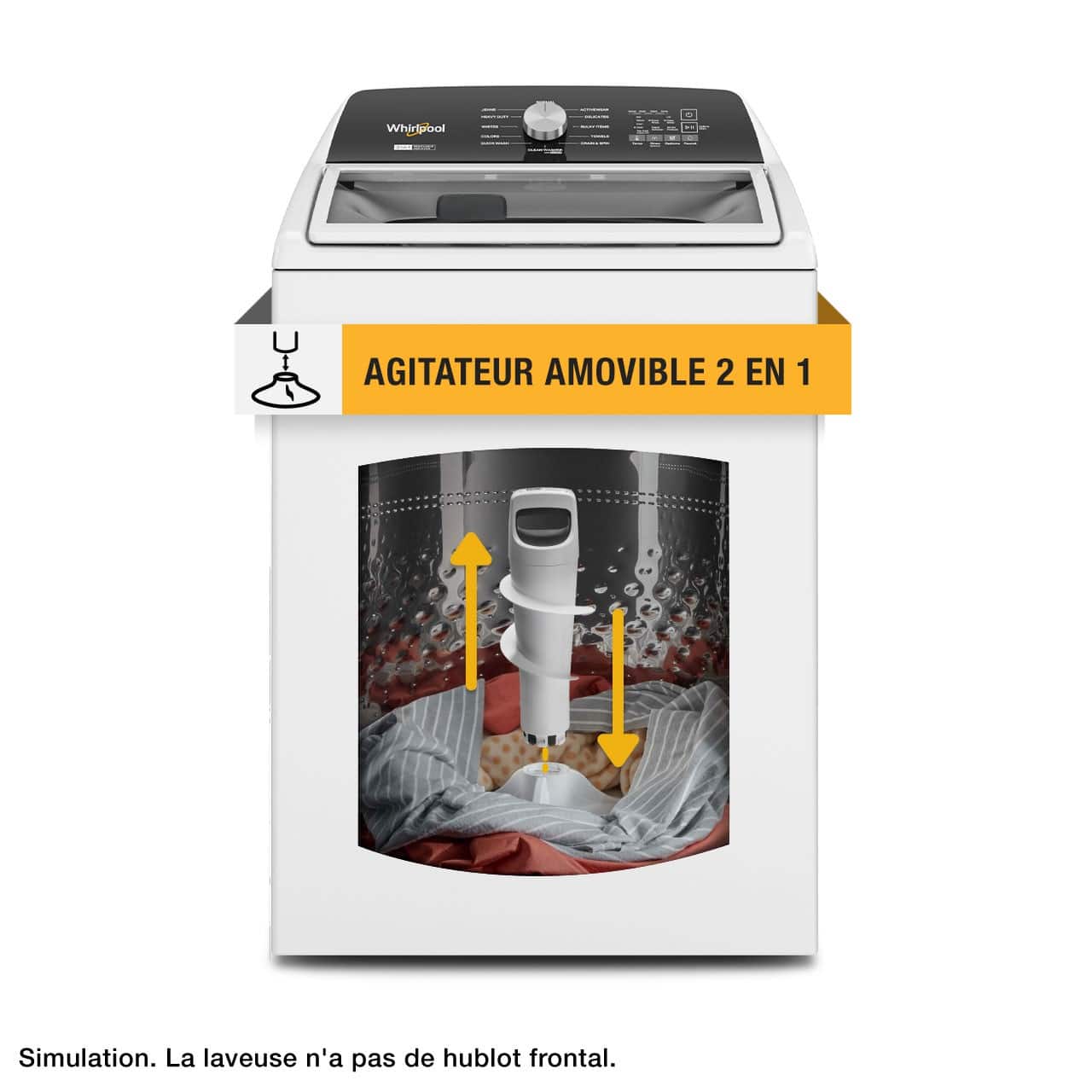 The image features a Whirlpool AGITATEUR AMOVIBLE 2 EN 1 washing machine.
