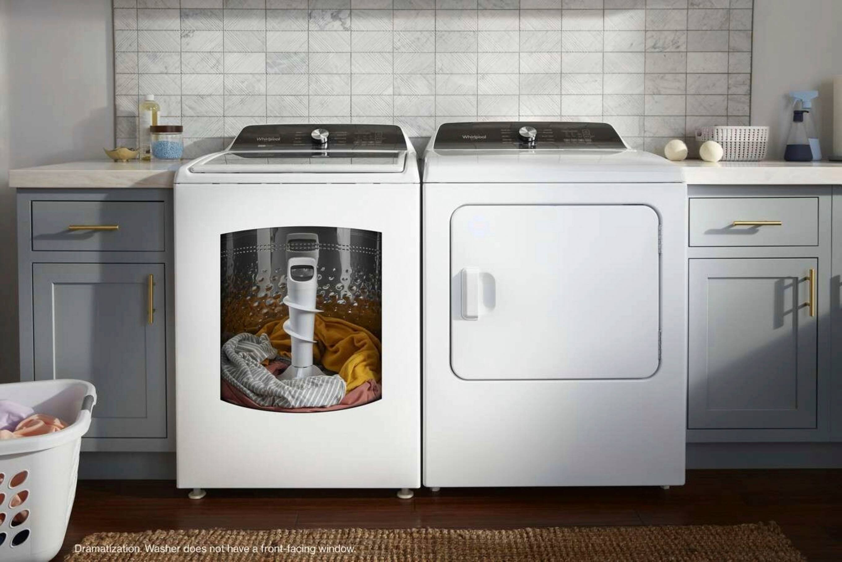 The image features a white washing machine with a built-in water faucet, which is a unique feature. The machine has a removable agitator and is designed to provide a deep water wash option. The washing machine is placed in a kitchen setting, with a sink nearby.