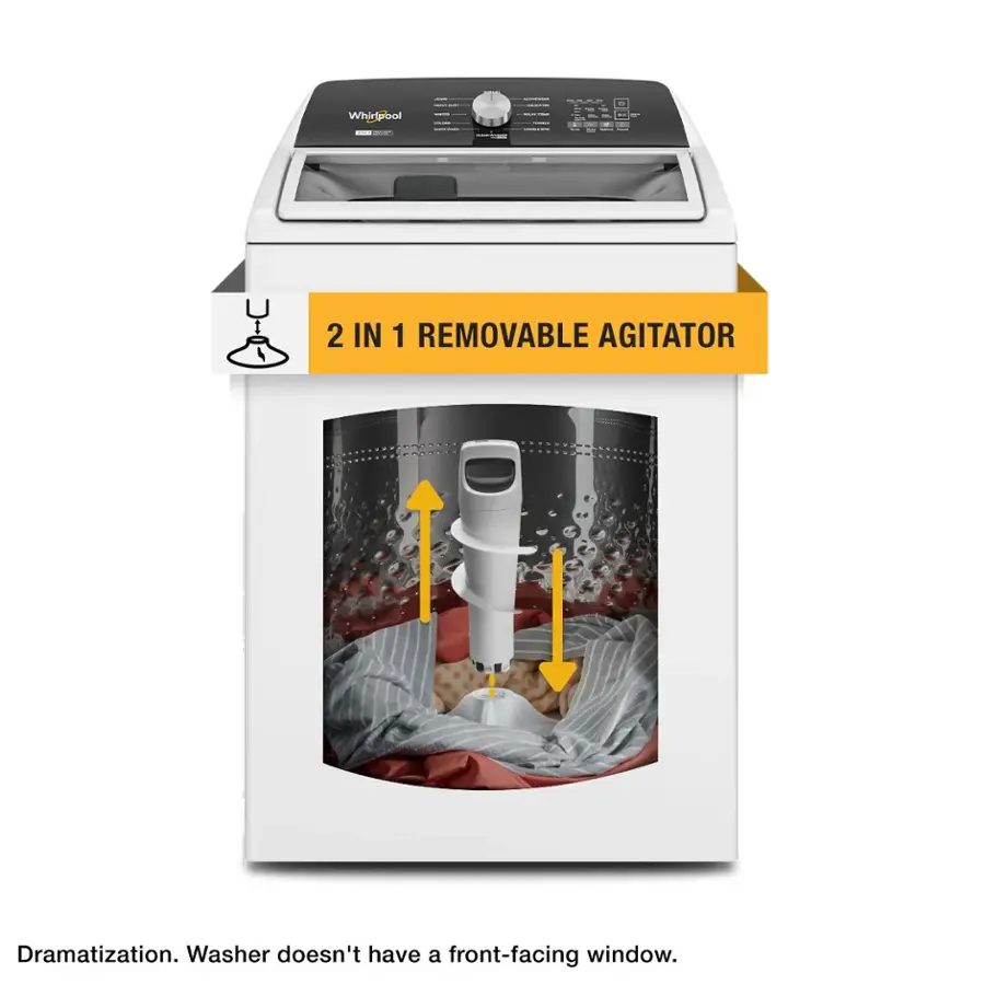 The image features a white washing machine with a removable agitator. The agitator is shown in the middle of the machine, surrounded by a red cloth. The machine is designed to be more efficient and effective in cleaning clothes, as the agitator helps to mix and tumble the clothes during the washing process. The dramatization of the washer without a front-facing window emphasizes the innovative design and functionality of the machine.