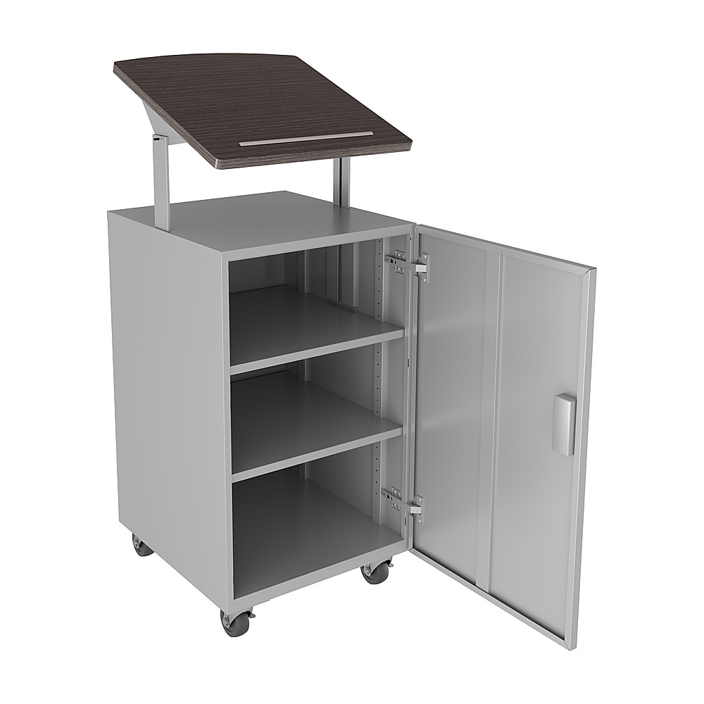 Left View: Hirsh - Mobile Locking Podium for Classroom or Office - Arctic Silver - Weathered Charcoal