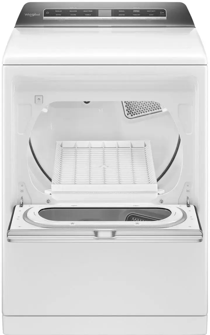 The image features a white dryer with a wrinkle shield and advanced moisture sensing technology. The dryer is placed in a kitchen setting, with a sink and a bottle nearby. The dryer has a capacity of 7.4 cu. ft. and is a smart dryer with a wrinkle shield.