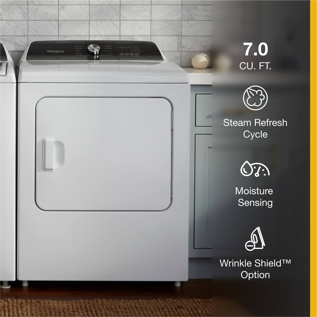 The image features a white Whirlpool washing machine with a steam refresh cycle, moisture sensing, and wrinkle shield option. The machine is placed in a kitchen setting, with a sink and a bottle nearby. The advertisement highlights the features of the washing machine, such as the 7.0 CU. FT. capacity and the steam refresh cycle, which helps to refresh and sanitize clothing. The moisture sensing feature ensures that the machine uses the right amount of water for each load, while the wrinkle shield option helps to prevent wrinkles in the laundry.