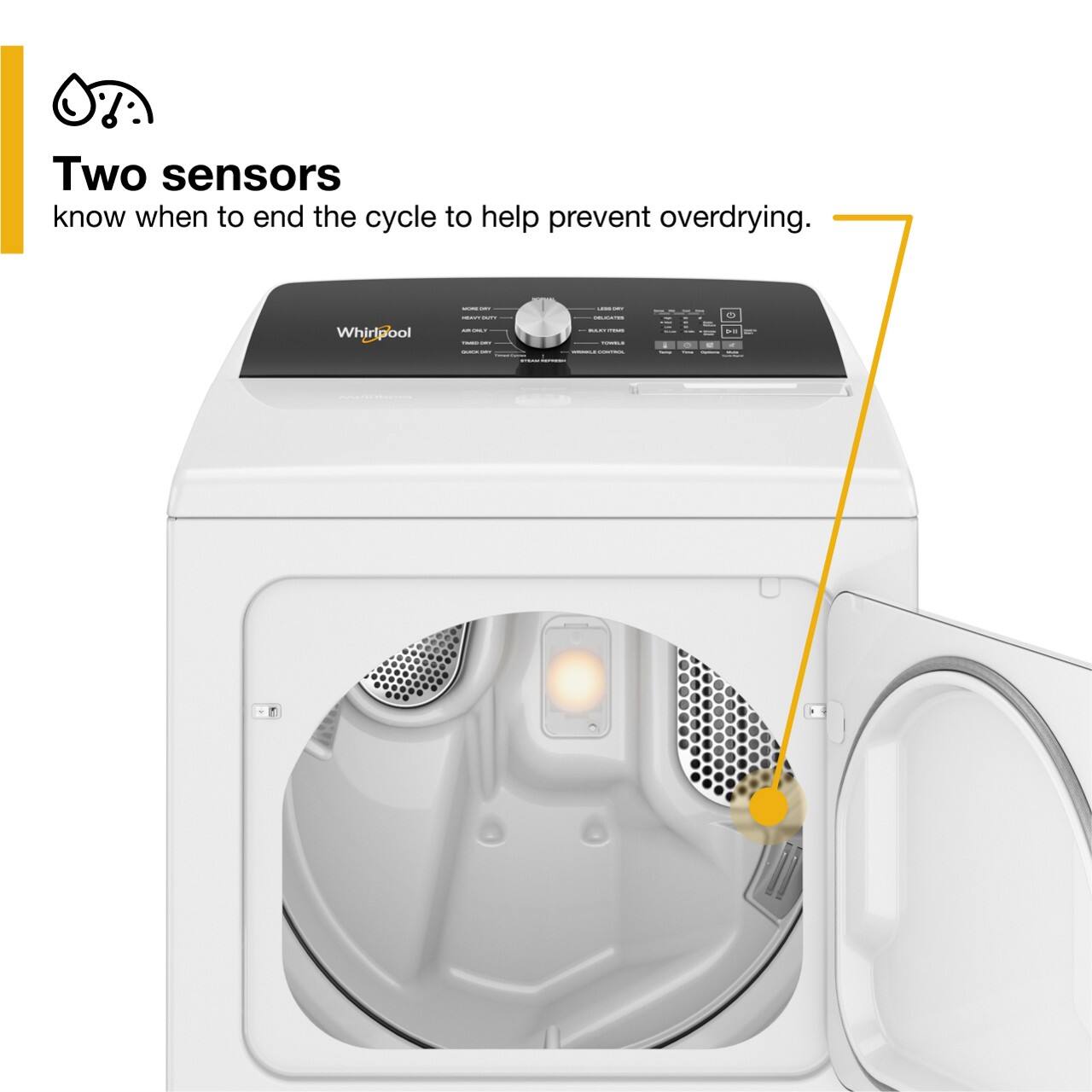 The image features a white Whirlpool washing machine with a door open, revealing the drum inside. The machine is equipped with two sensors that help prevent overdrying by knowing when to end the cycle. This innovative technology ensures that clothes are dried efficiently and effectively, saving energy and maintaining the quality of the laundry.