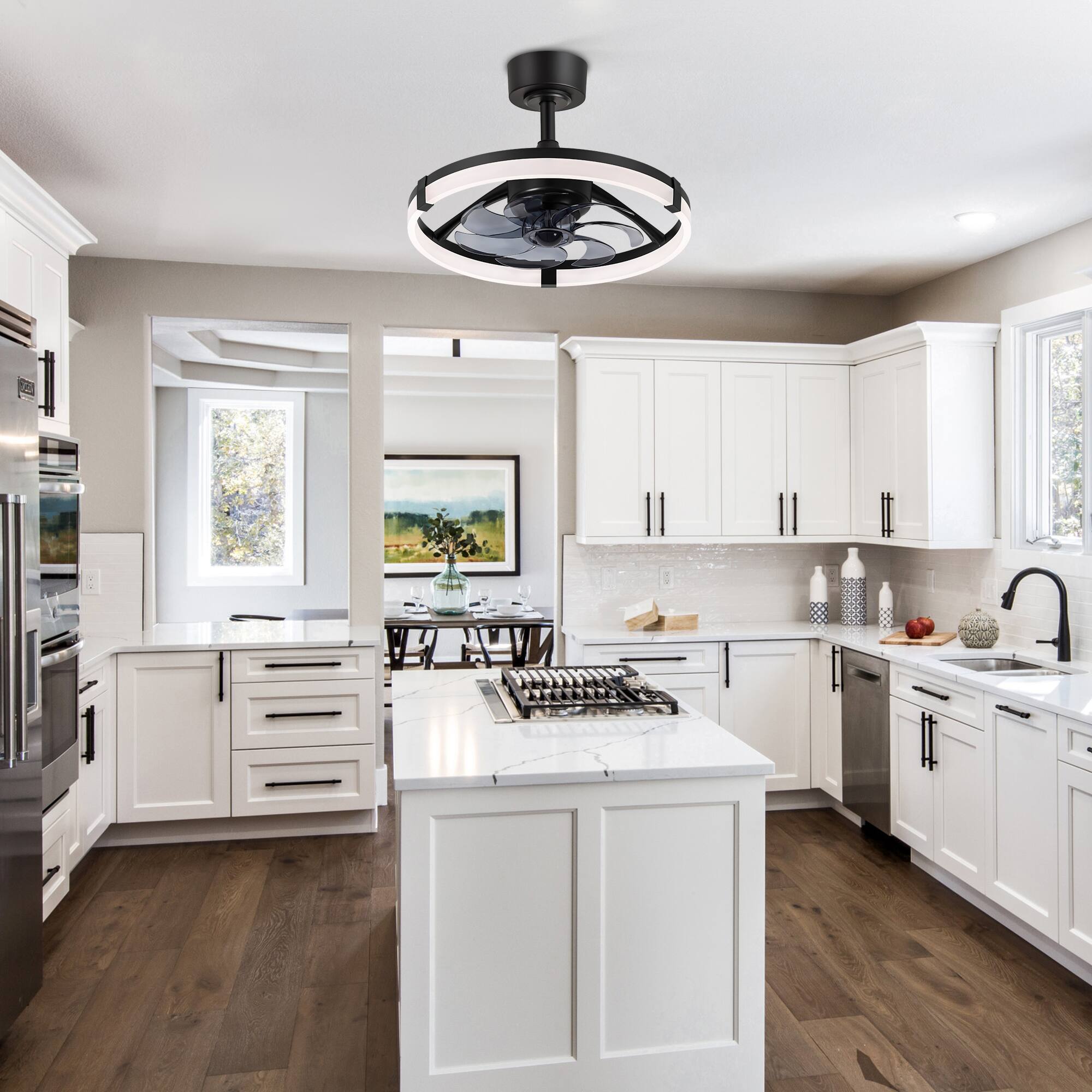 Angle. Breezary - 20-Inch Detachable Enclosed Ceiling Fan with LED Light, Remote, 7 Blades & Reversible DC Motor – Stylish & Functional - Black and Blue-Gray.