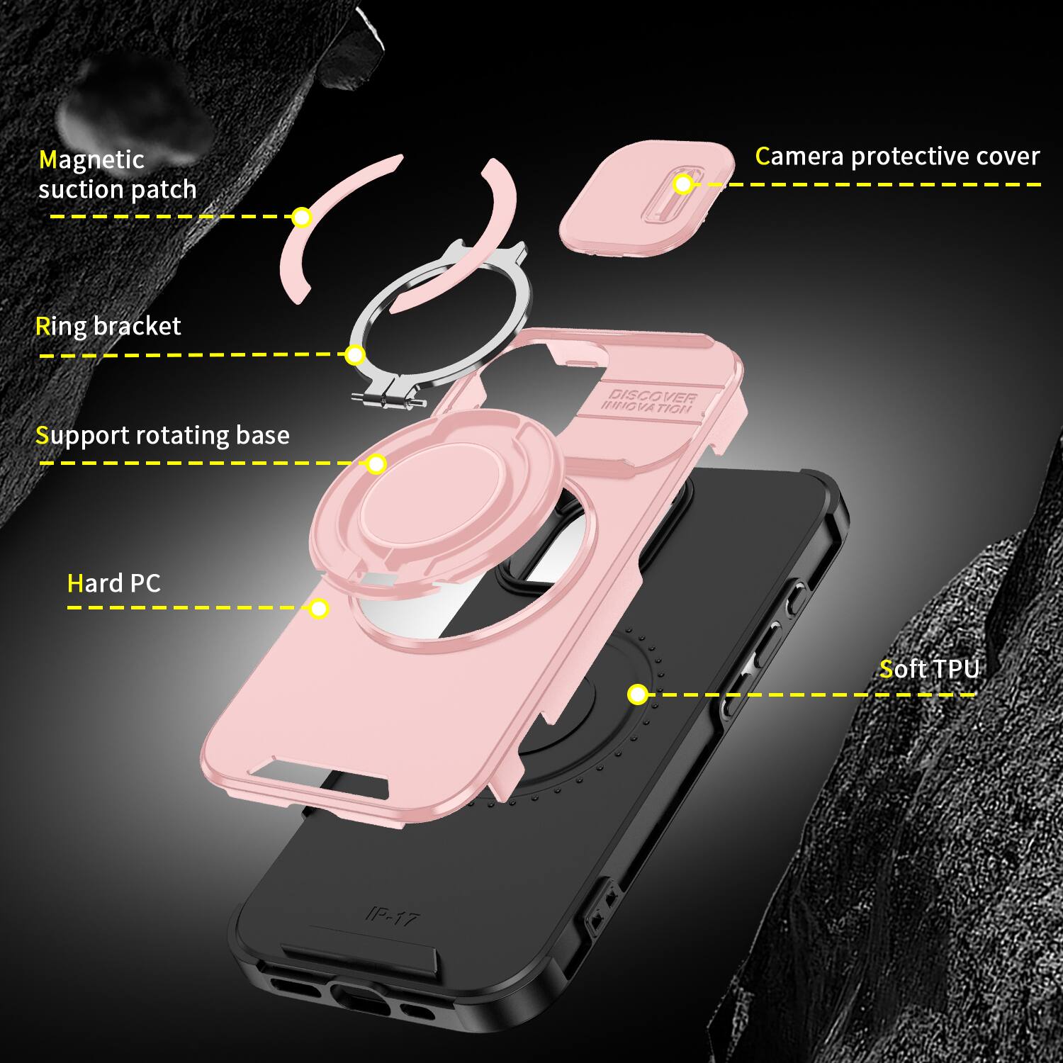 Magnetic suction patch  
Camera protective cover  
Ring bracket  
Support rotating base  
Hard PC  
Soft TPU  
DISCOVER INNOVATION  
IP-17