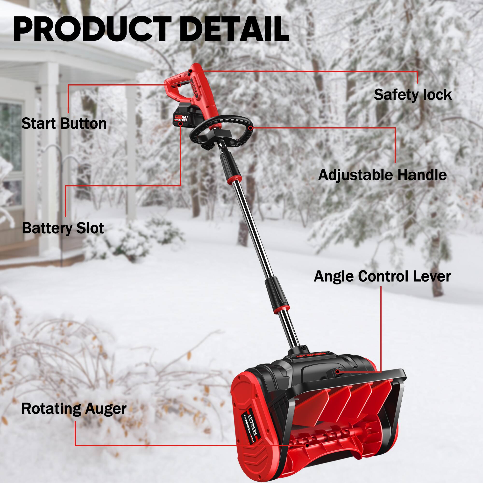PRODUCT DETAIL  
- Safety lock  
- Start Button  
- Adjustable Handle  
- Battery Slot  
- Angle Control Lever  
- Rotating Auger