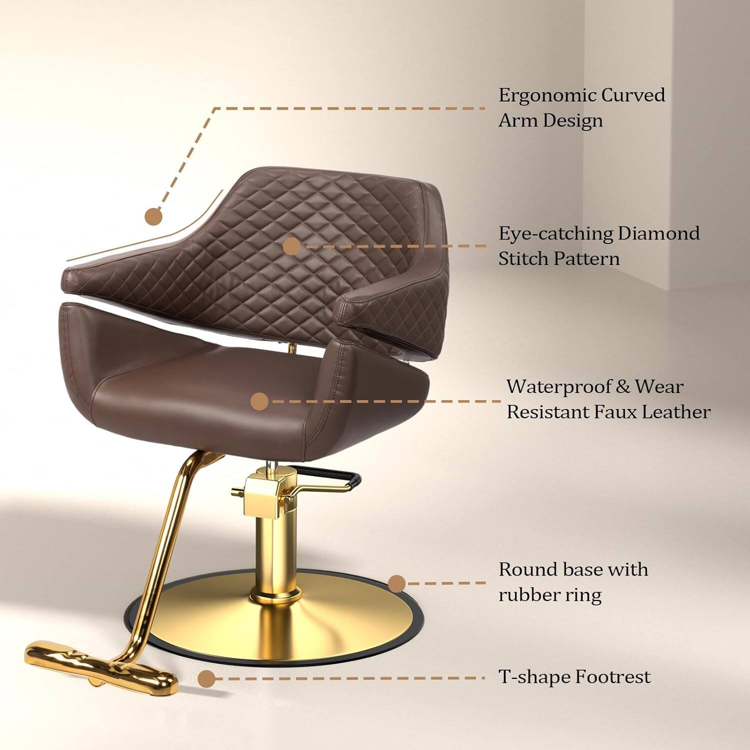 Ergonomic Curved Arm Design  
Eye-catching Diamond Stitch Pattern  
Waterproof & Wear Resistant Faux Leather  
Round base with rubber ring  
T-shape Footrest