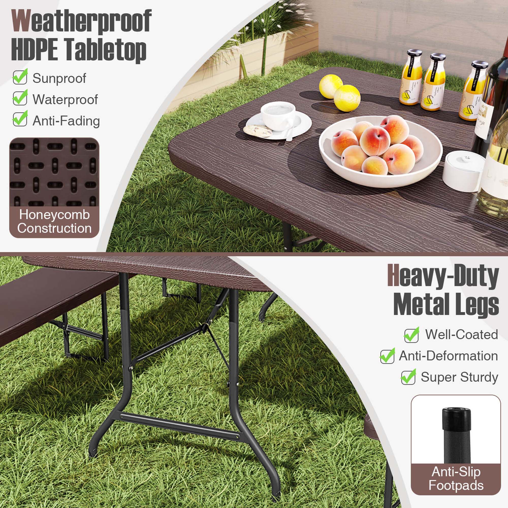 Weatherproof HDPE Tabletop Sunproof Waterproof Anti-Fading Honeycomb Construction Heavy-Duty Metal Legs Well-Coated Anti-Deformation Super Sturdy Anti-Slip Footpads