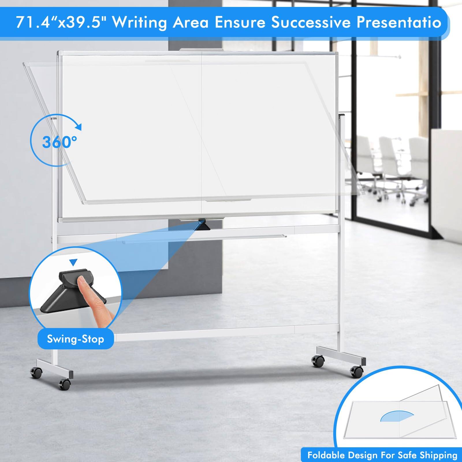 71.4"x39.5" Writing Area Ensure Successive Presentation  
360° Swing-Stop Foldable Design For Safe Shipping