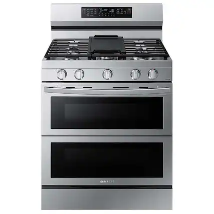 Front. Samsung - Open Box 6.0 cu. ft. Smart Freestanding Gas Range with Flex Duo, Stainless Cooktop & Air Fry - Fingerprint Resistant Stainless Steel.