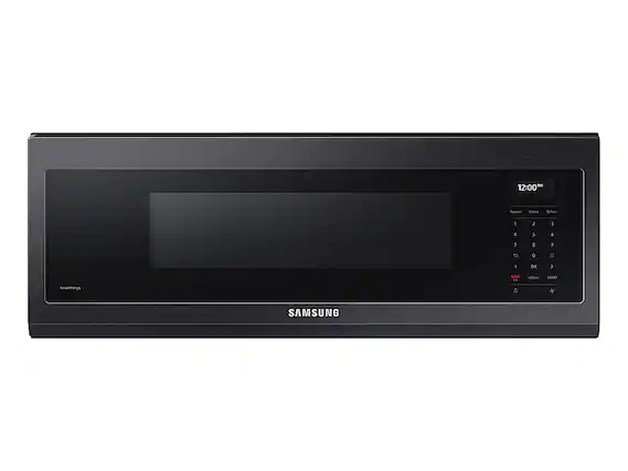 Front. Samsung - 1.1 cu. ft. Smart SLIM Over-the-Range Microwave with 550 CFM Hood Ventilation, Wi-Fi & Voice Control - Black Stainless Steel.