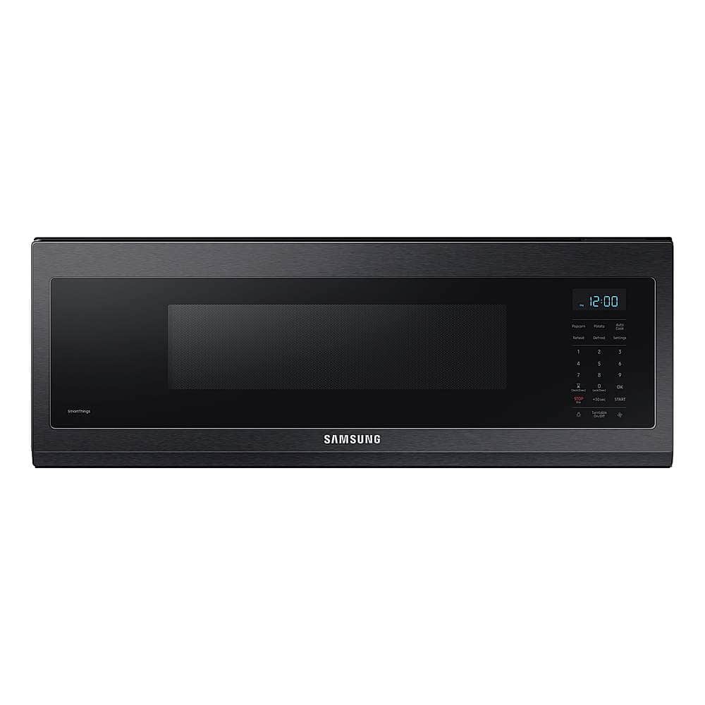 Front. Samsung - 1.1 cu. ft. Smart SLIM Over-the-Range Microwave with 400 CFM Hood Ventilation, Wi-Fi & Voice Control - Black Stainless Steel.