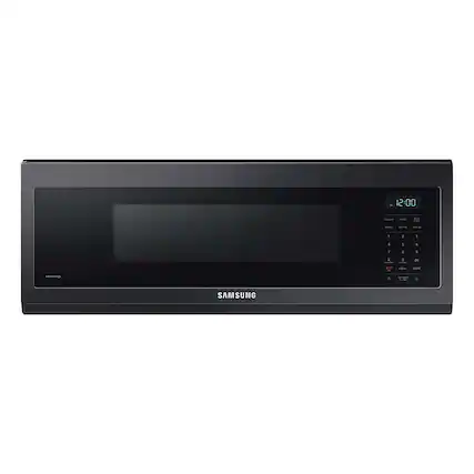 Front. Samsung - 1.1 cu. ft. Smart SLIM Over-the-Range Microwave with 400 CFM Hood Ventilation, Wi-Fi & Voice Control - Black Stainless Steel.