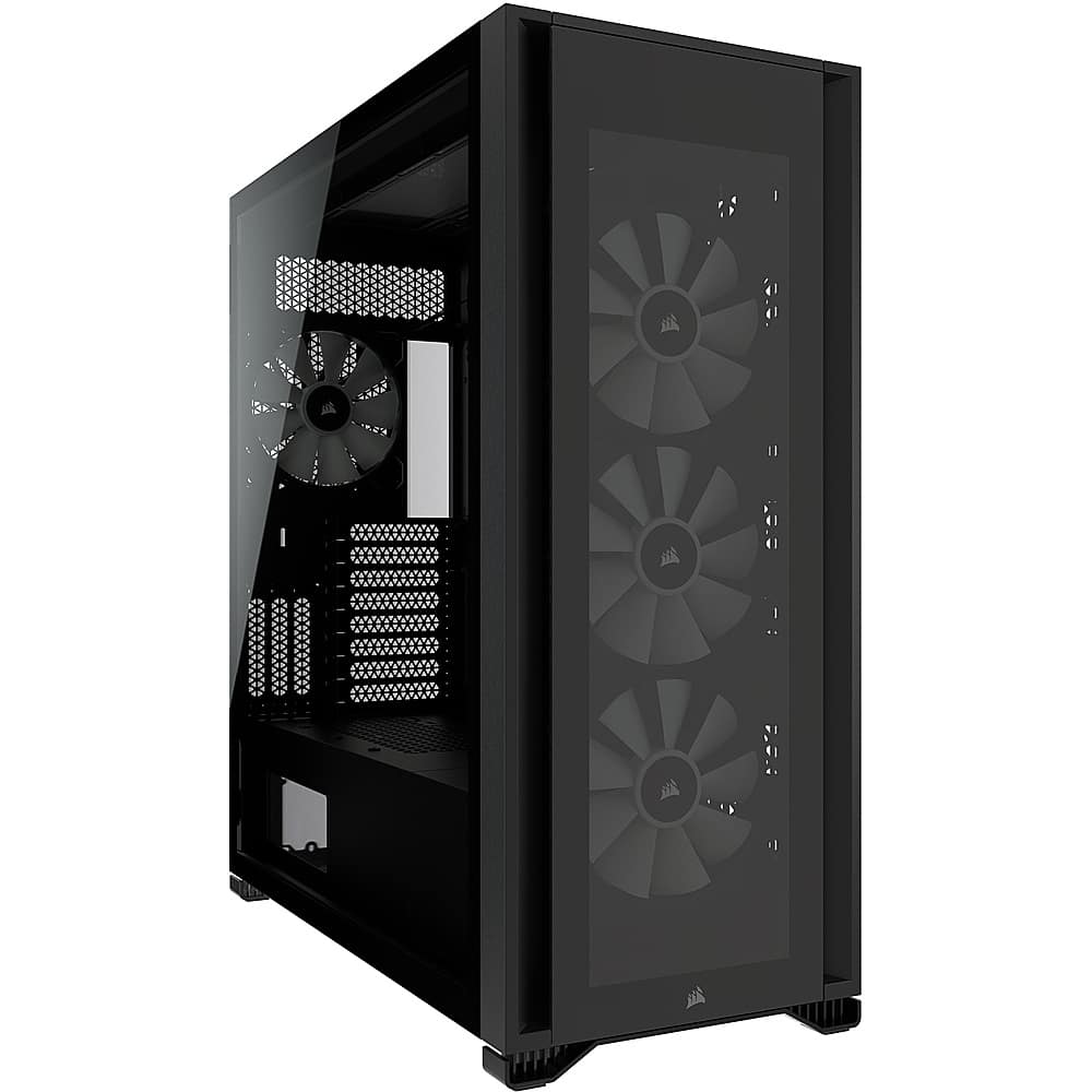 The image shows a black computer tower with a fan and a window. The fan is located on the side of the tower, and the window is on the front. The tower is likely designed for efficient cooling and ventilation.