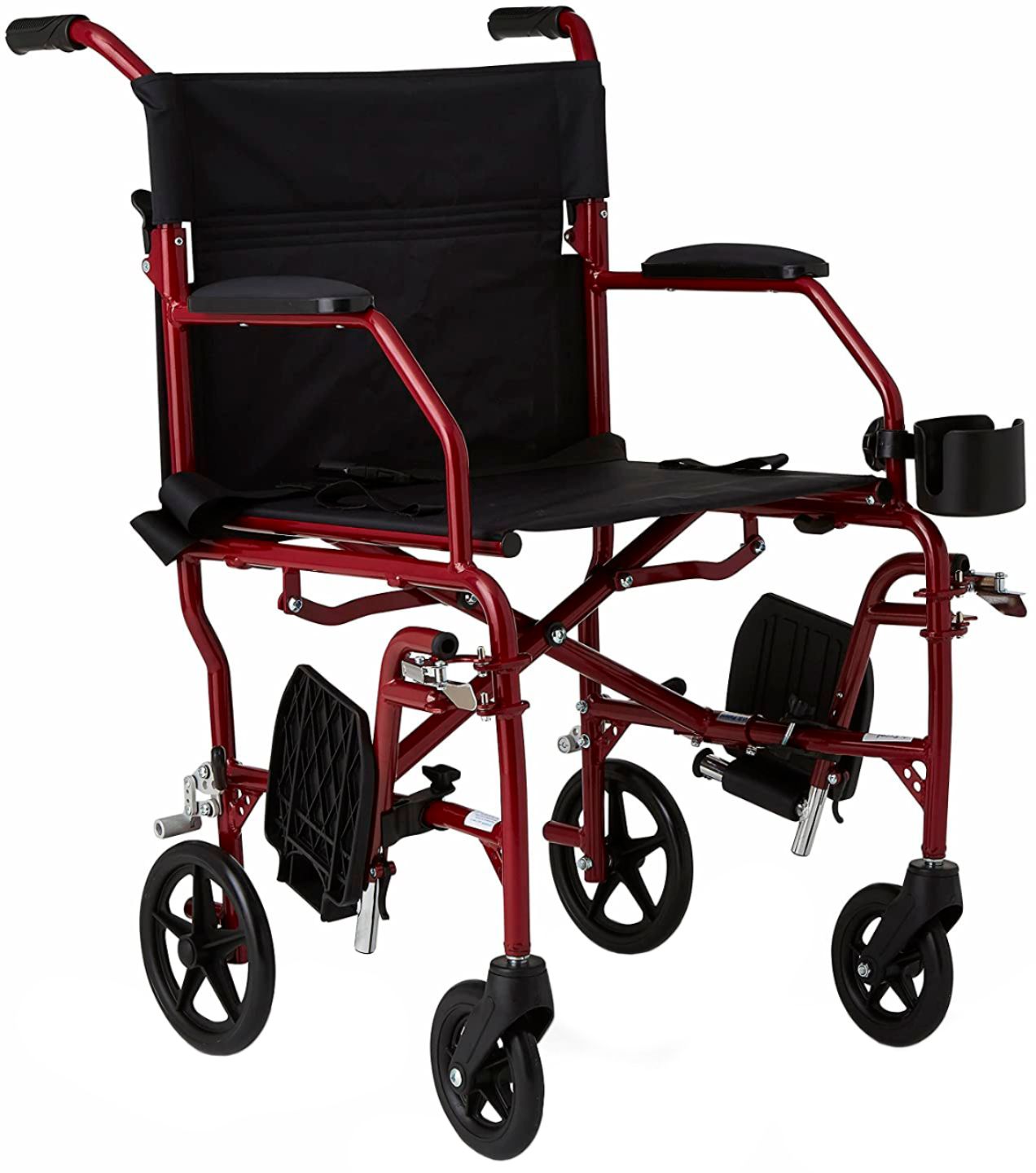 Medline Ultralight Transport Wheelchair with 19” Seat, Folding Transport Chair with Permanent Desk-Length Arms, Red - Red