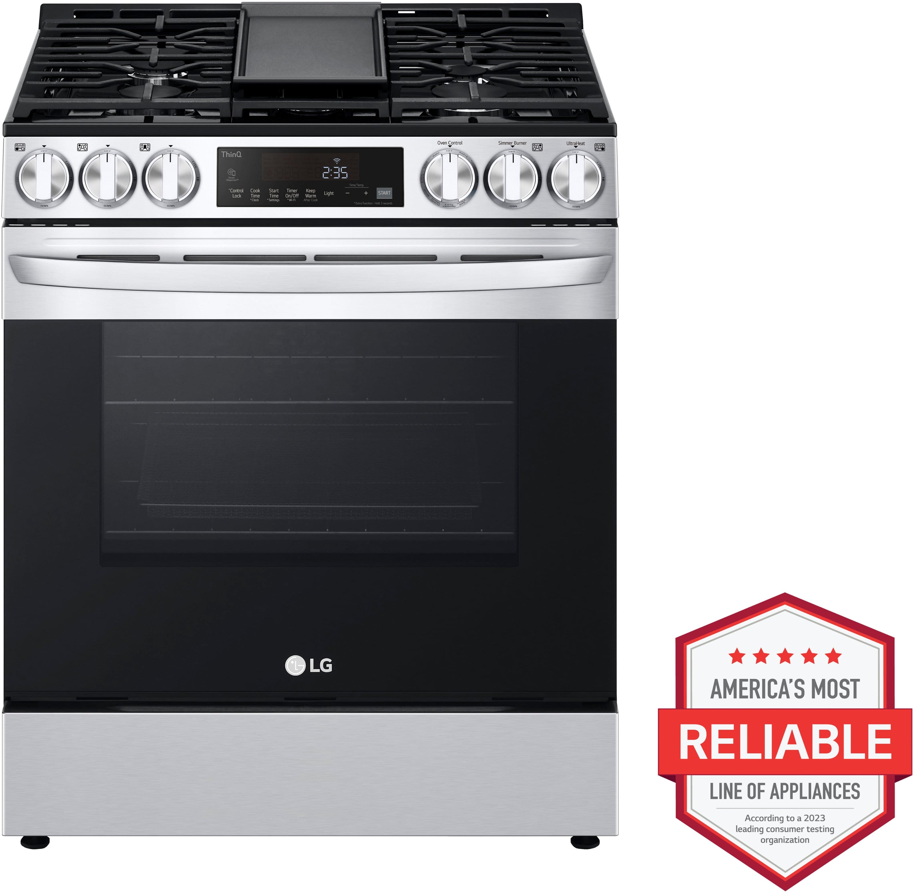 The image showcases a large LG gas range oven, which is America's most reliable line of appliances according to a leading consumer organization. The oven features a stainless steel finish and a digital display, making it a modern and stylish addition to any kitchen.