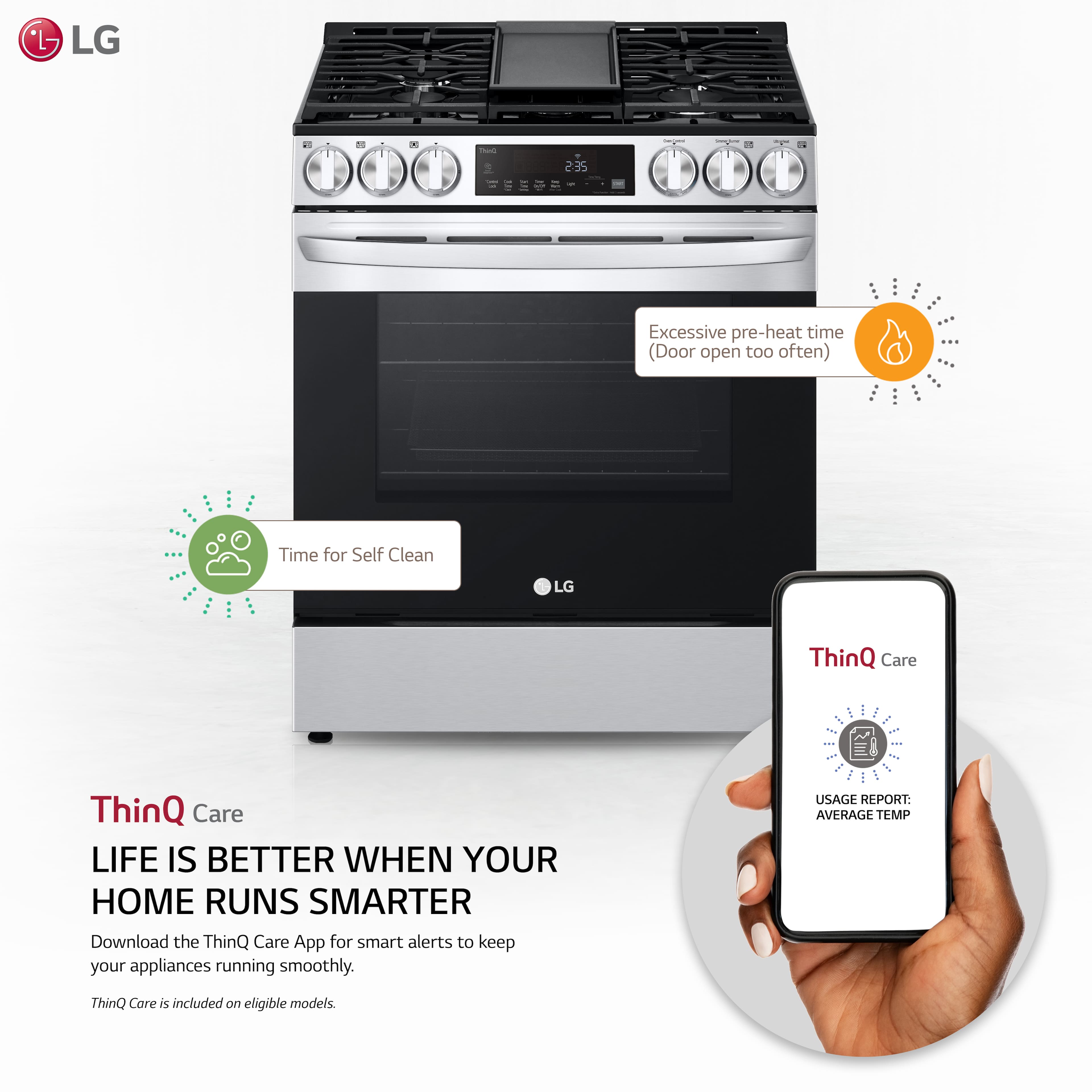 The image features a stainless steel LG gas range oven with a smartphone placed next to it. The oven has a digital display and is equipped with ThinQ Care technology. The smartphone is being used to access the ThinQ Care app, which provides smart alerts to keep the appliances running smoothly. The app also offers a usage report, which includes an average temperature reading. The image emphasizes the convenience and efficiency of the LG ThinQ Care system, making home management more convenient and eco-friendly.