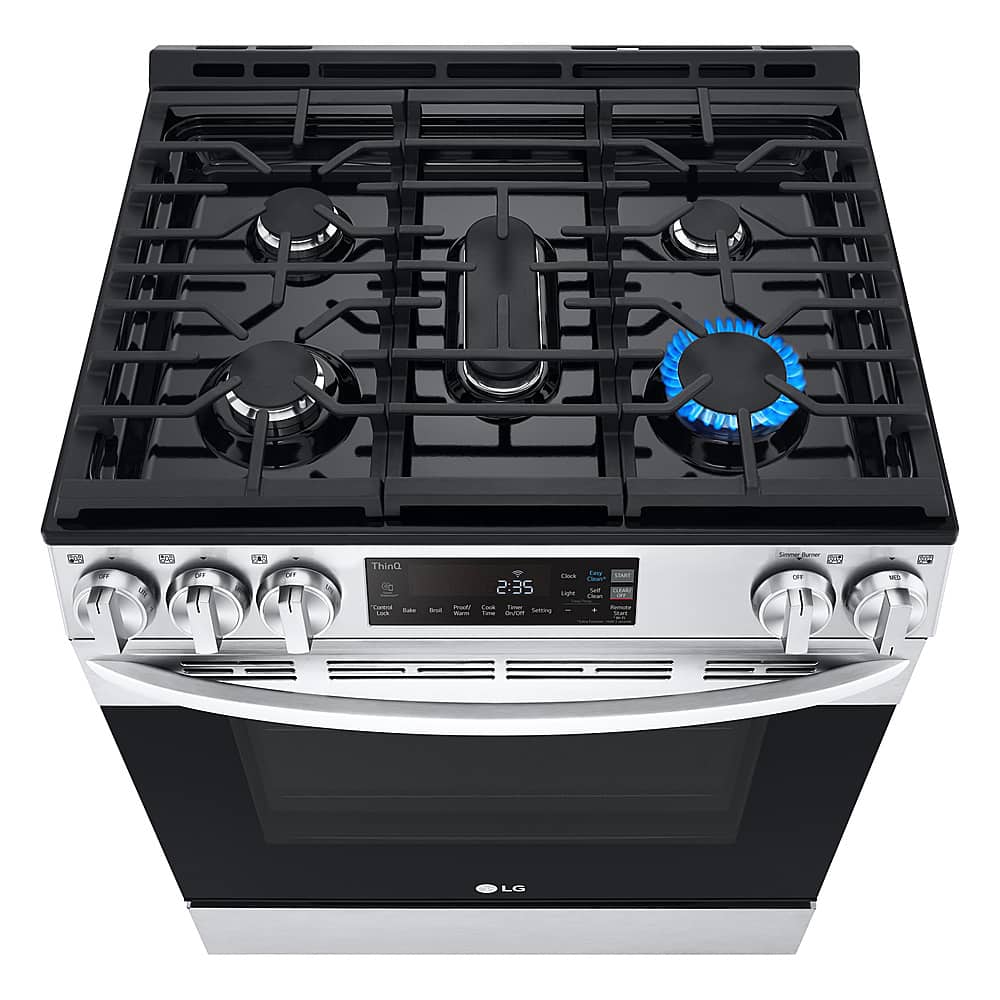 Left. LG - 5.3 Cu. Ft. Smart Slide-In Gas Range with EasyClean and SuperBoil Burner - PrintProof Stainless Steel.
