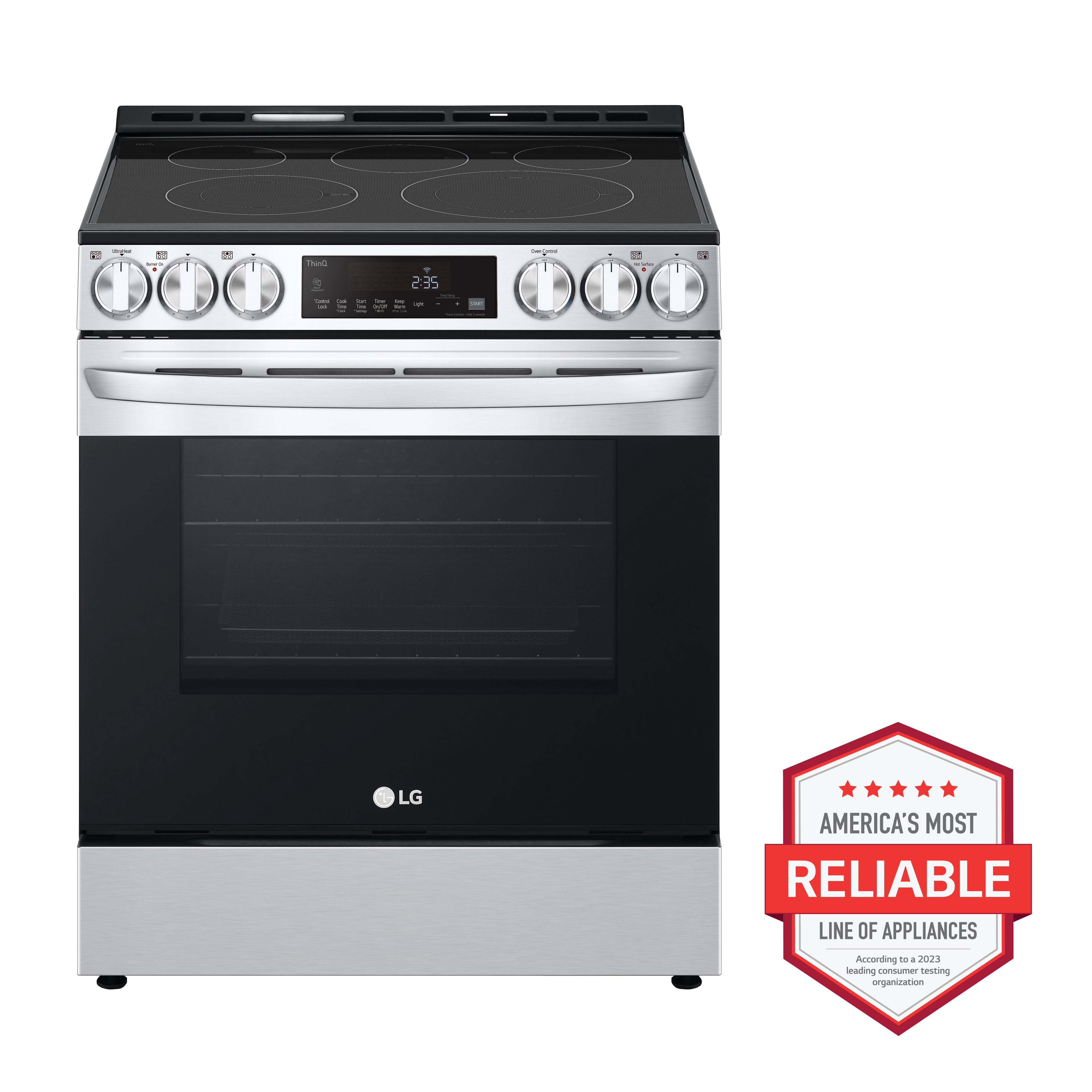 The image features an LG electric range with a stainless steel finish and a black oven. It has a digital display and a timer, making it a modern and convenient appliance. The range is designed to be reliable and efficient, as indicated by the "America's Most Reliable" label. The stainless steel finish adds a touch of elegance to the kitchen, making it an attractive addition to any home.