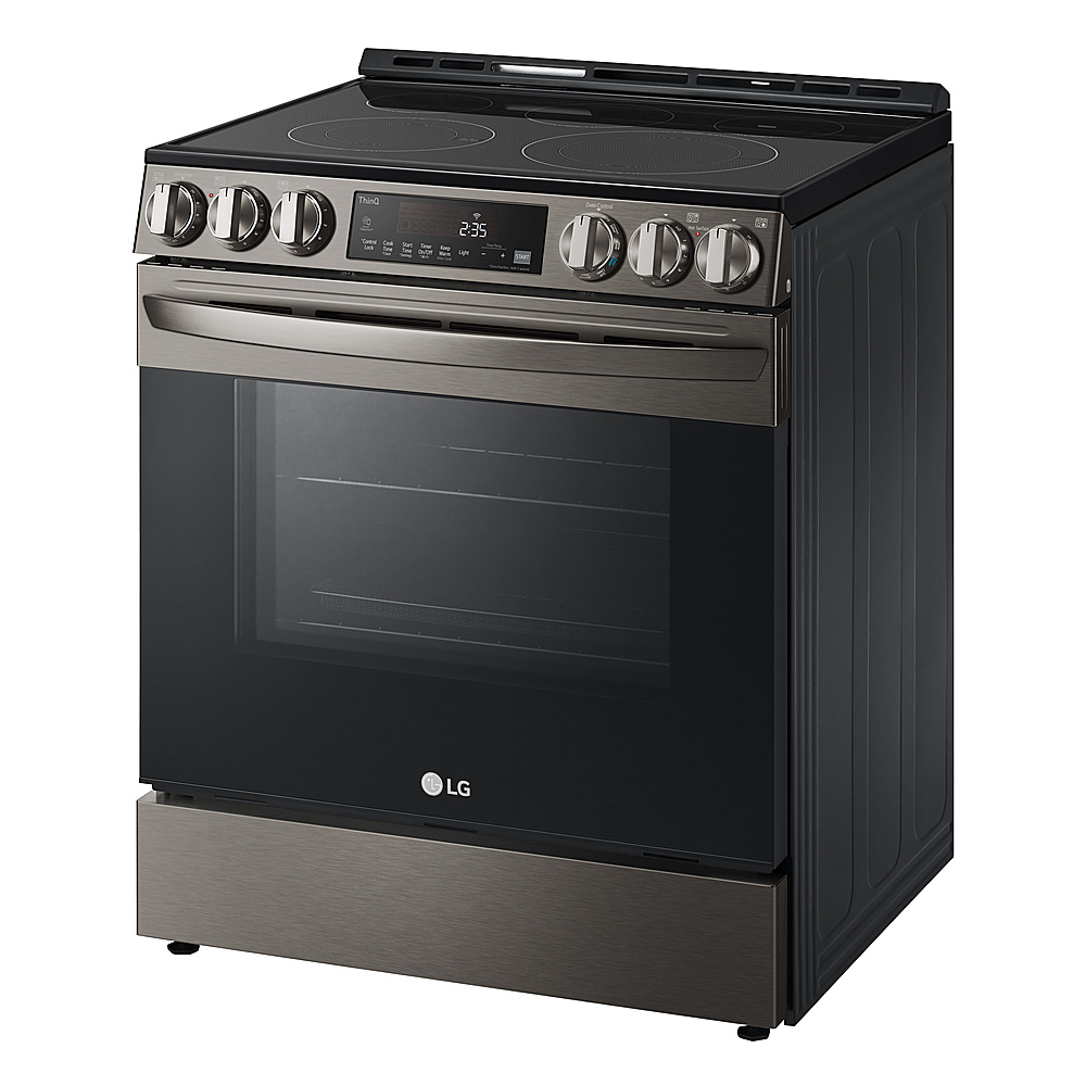 Left View: LG - 6.3 cu ft Electric Slide In Range with Air Fry and Smart Wi-Fi Enabled - Black stainless steel