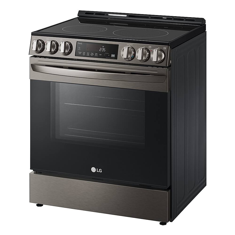 Left. LG - 6.3 Cu. Ft. Smart Slide-In Electric True Convection Range with EasyClean and AirFry - PrintProof Black Stainless Steel.