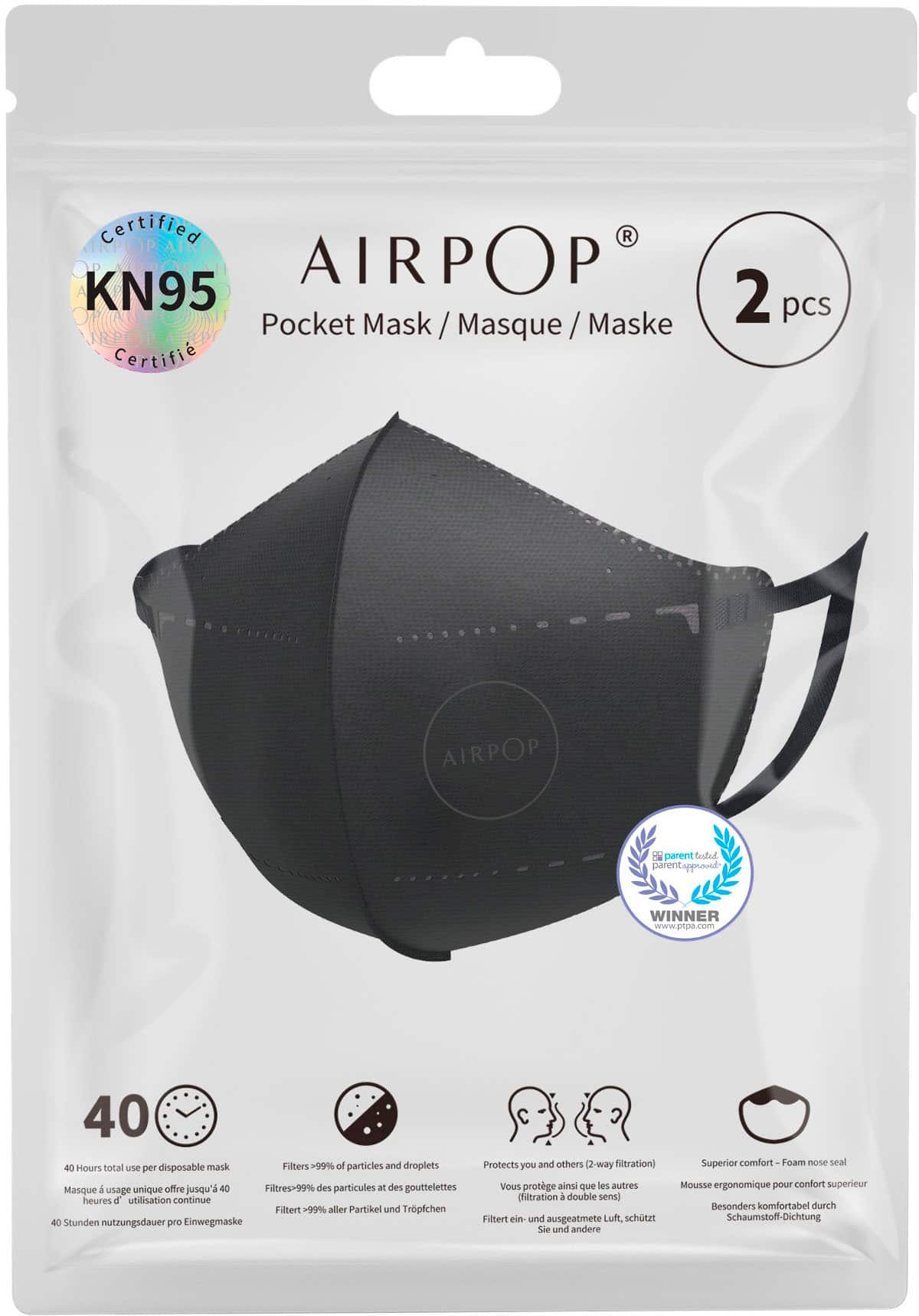 Front. AIRPOP - Pocket 2 Pack KN95 Masks - White.