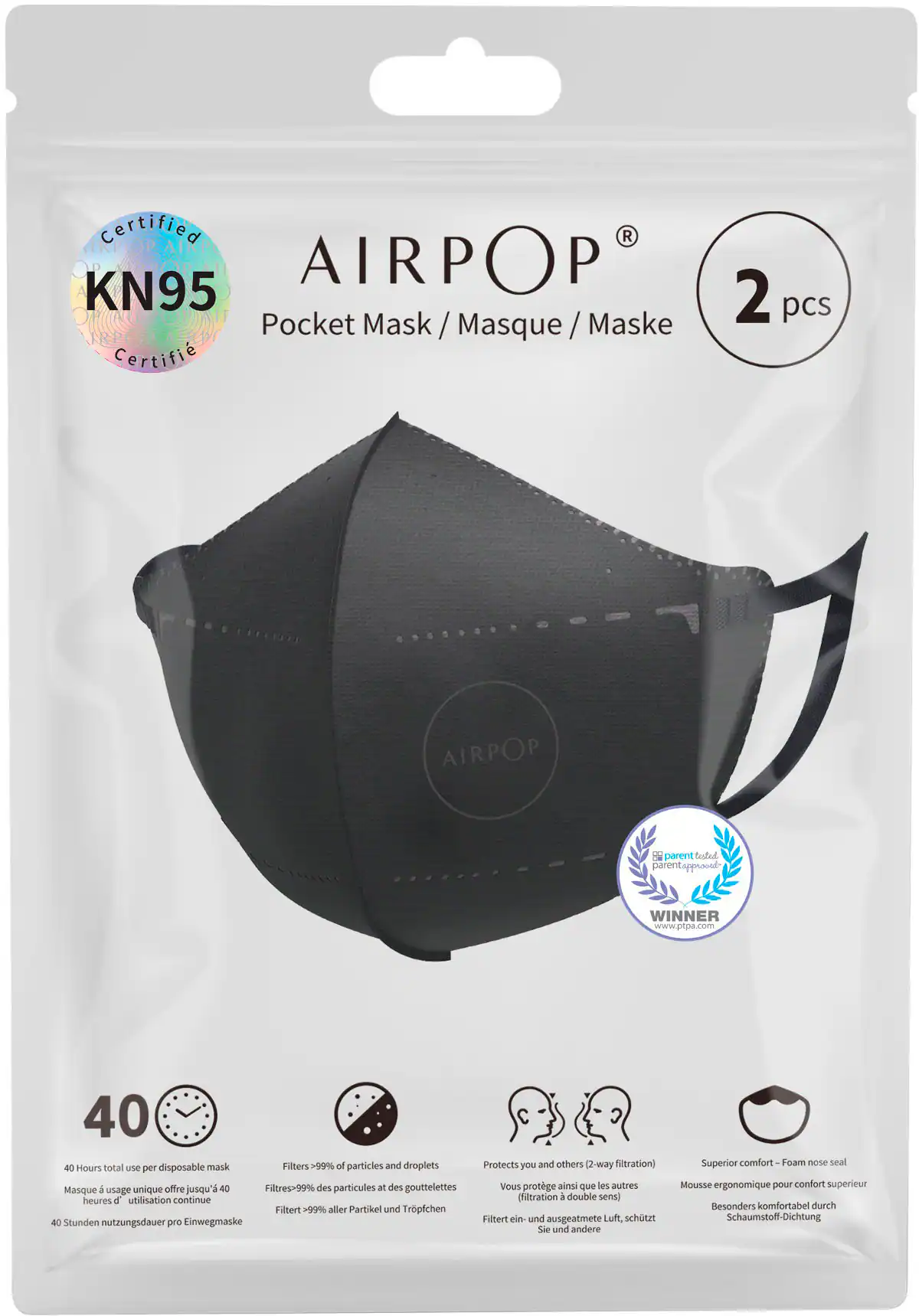Front. AIRPOP - Pocket 2 Pack KN95 Masks - White.