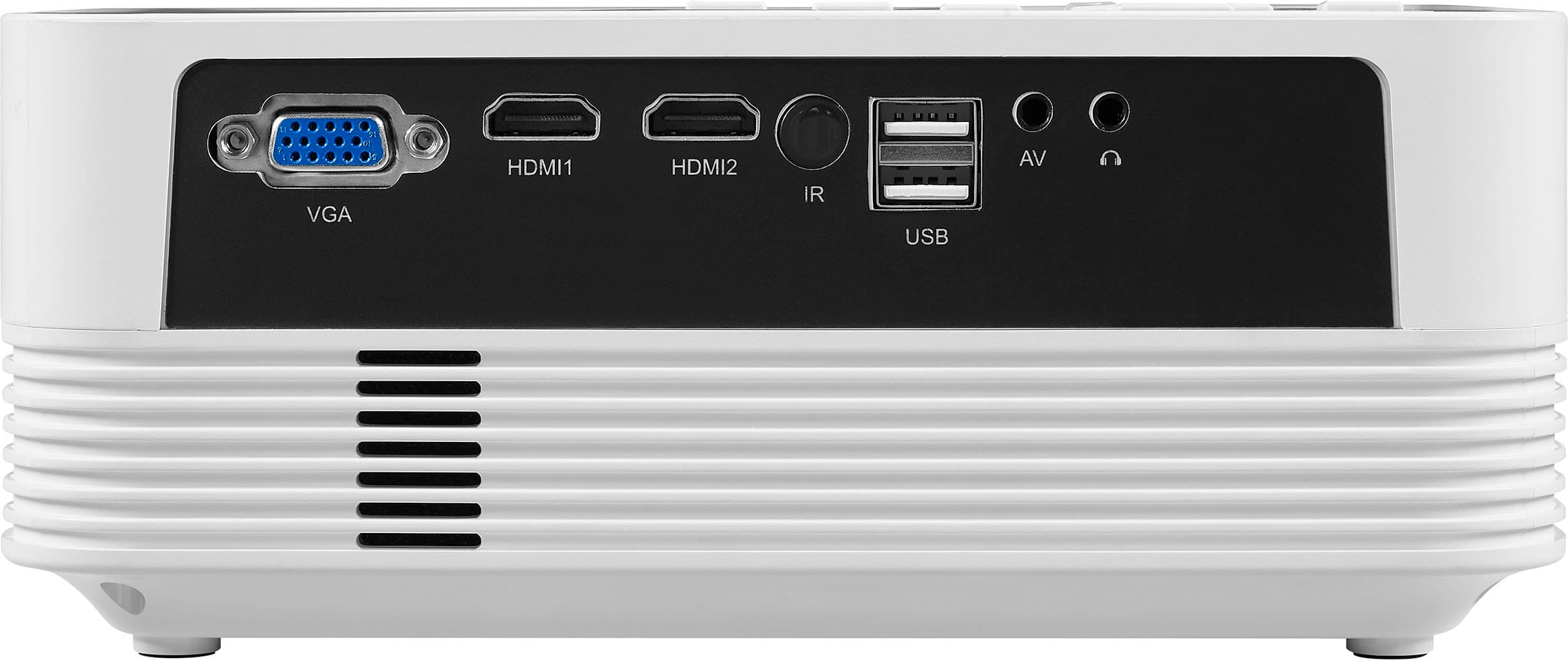 The text on the image reads "VGA HDMI1 HDMI2 IR USB AV." This indicates that the computer has multiple input and output options, including VGA, HDMI1, HDMI2, IR, USB, and AV. These ports allow for various types of connections and compatibility with different devices, such as monitors, TVs, and other electronic equipment.