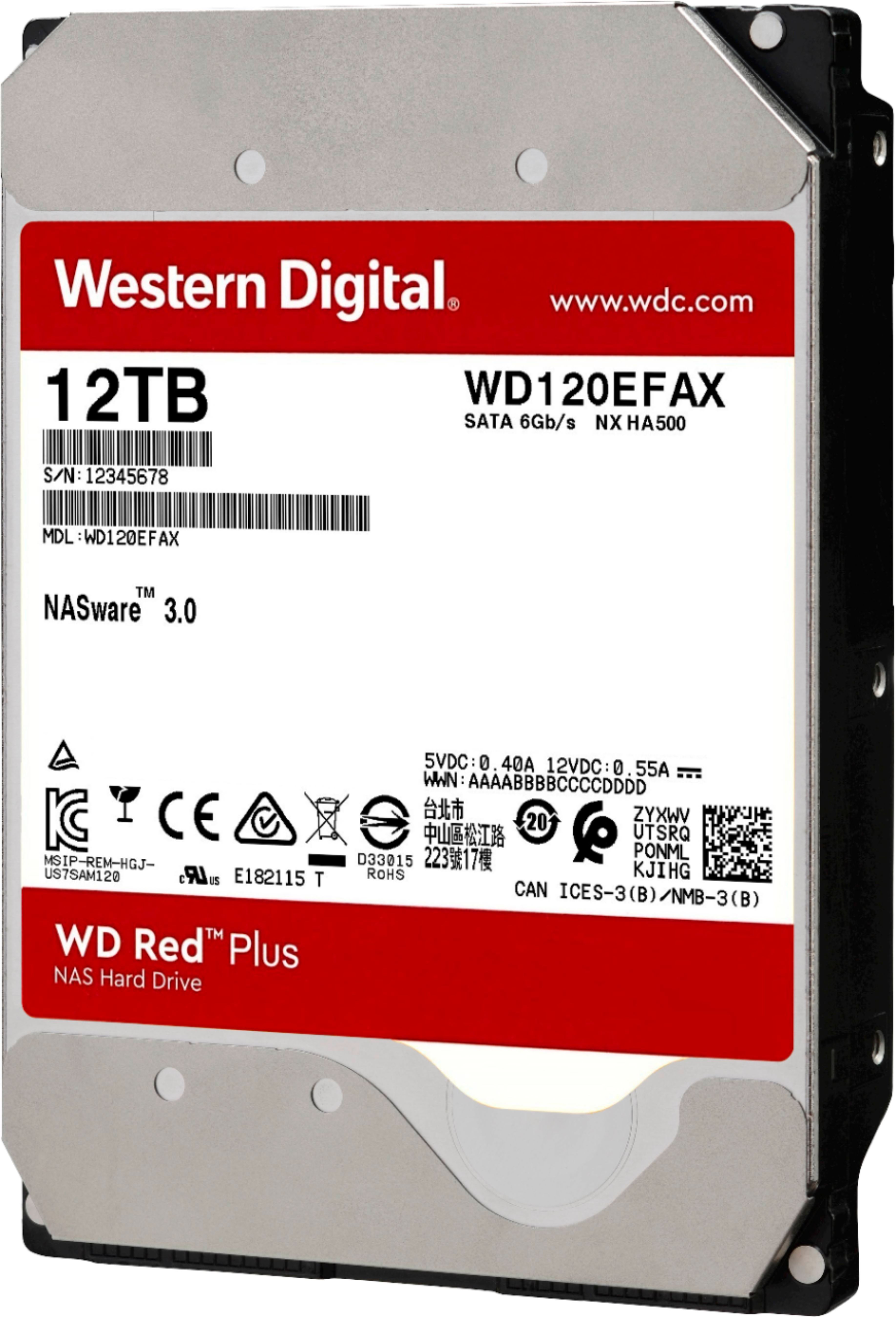 CMR SATA 6 GB/s Western Digital 12TB WD Red Plus NAS Internal Hard Drive 7200 RPM Class 3.5 512 MB Cache WD120EFBX