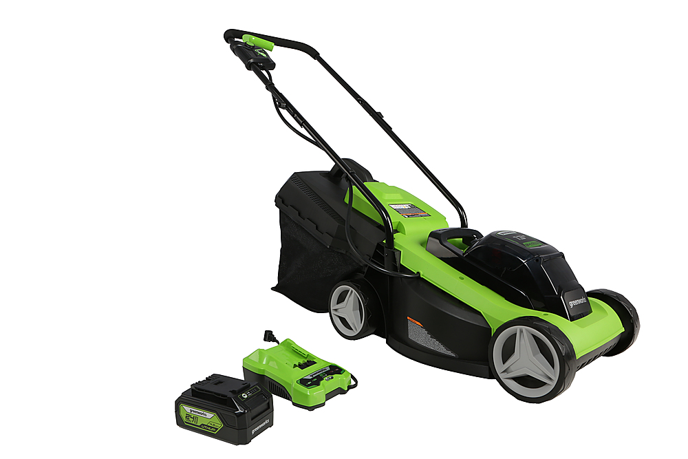 Angle View: Greenworks - 13 in. 24-Volt Cordless Walk Behind Lawn Mower (4.0Ah Battery & Charger Included) - Green