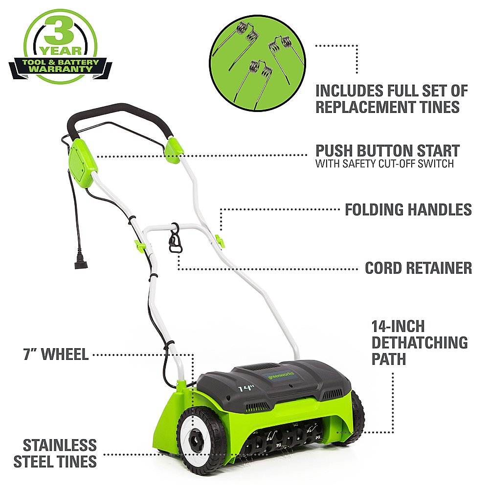 Angle View: Greenworks 14 in. 10 Amp Corded Electric Dethatcher, DT14B00