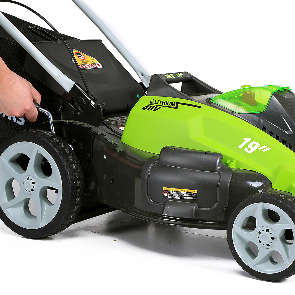 Left View: Sun Joe - 24V-MJ14C 24-Volt iON+ Cordless Push Lawnmower Kit | 14-inch | W/ 4.0-Ah Battery and Charger - Green