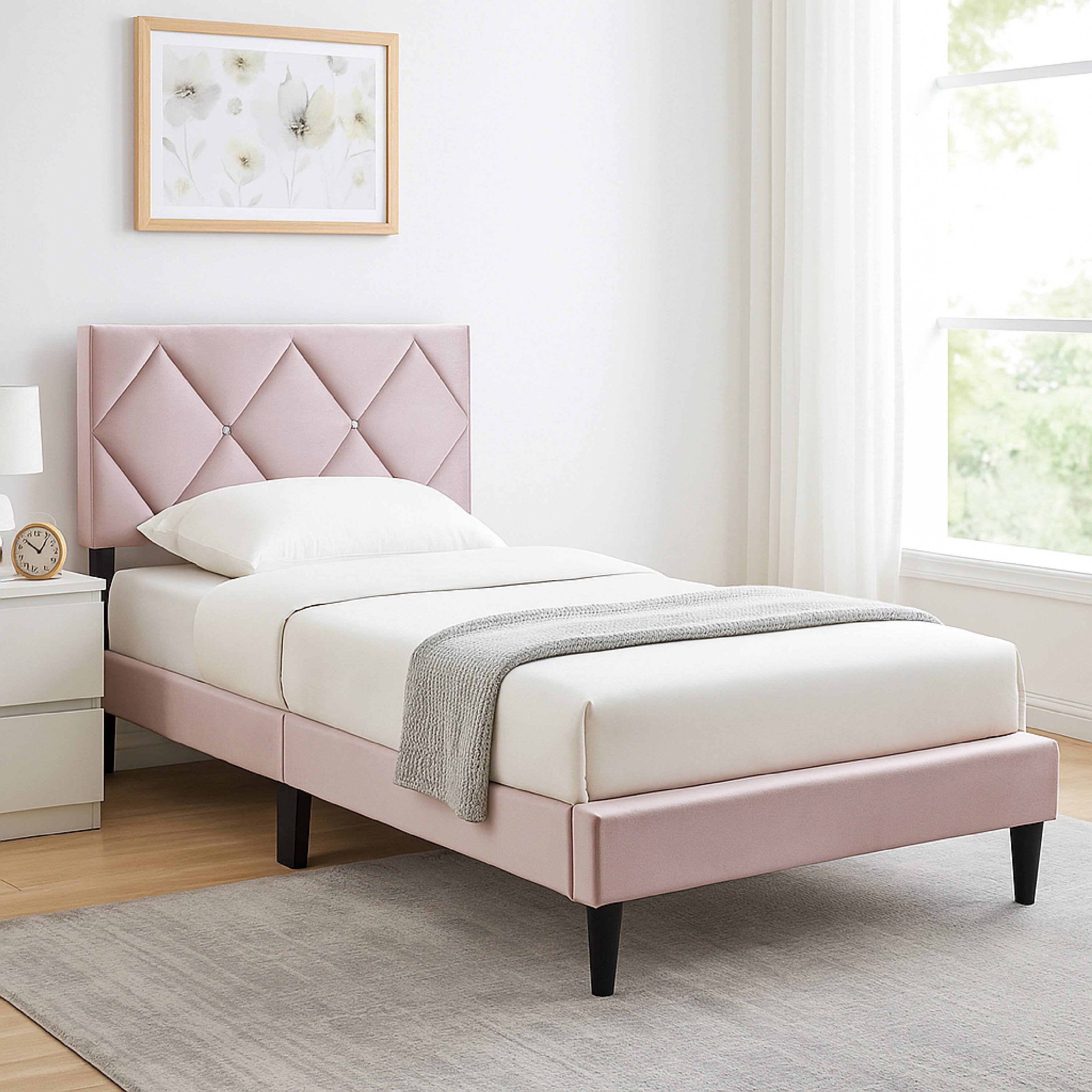 Alt View 5. Manhattan Lane - Lilian Twin Bed, Tufted Light Pink Velvet Upholstery, Diamond Stitch - Pink, Black.