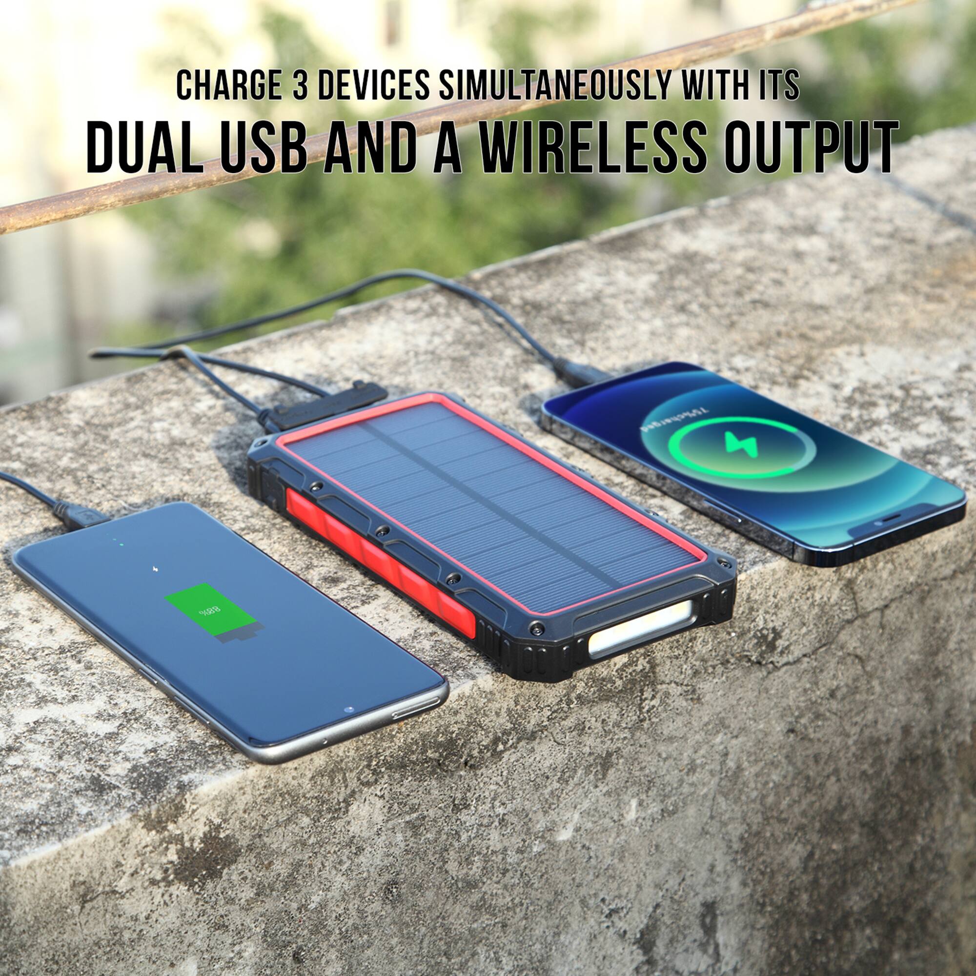 CHARGE 3 DEVICES SIMULTANEOUSLY WITH ITS DUAL USB AND A WIRELESS OUTPUT