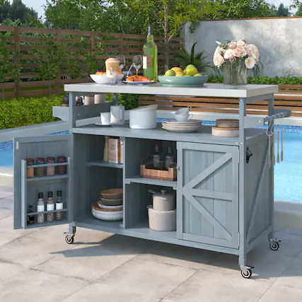 Front. PexFix - Solid Wood Outdoor Kitchen Island with Stainless Top, Rolling BBQ Grill Cart with Storage, Spice & Towel Rack for Patio - Gray Blue.