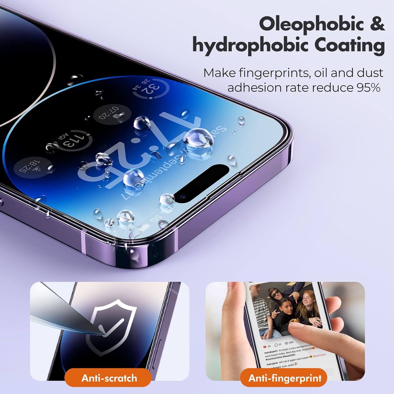 Oleophobic & hydrophobic Coating  
Make fingerprints, oil and dust adhesion rate reduce 95%  

Anti-scratch  
Anti-fingerprint