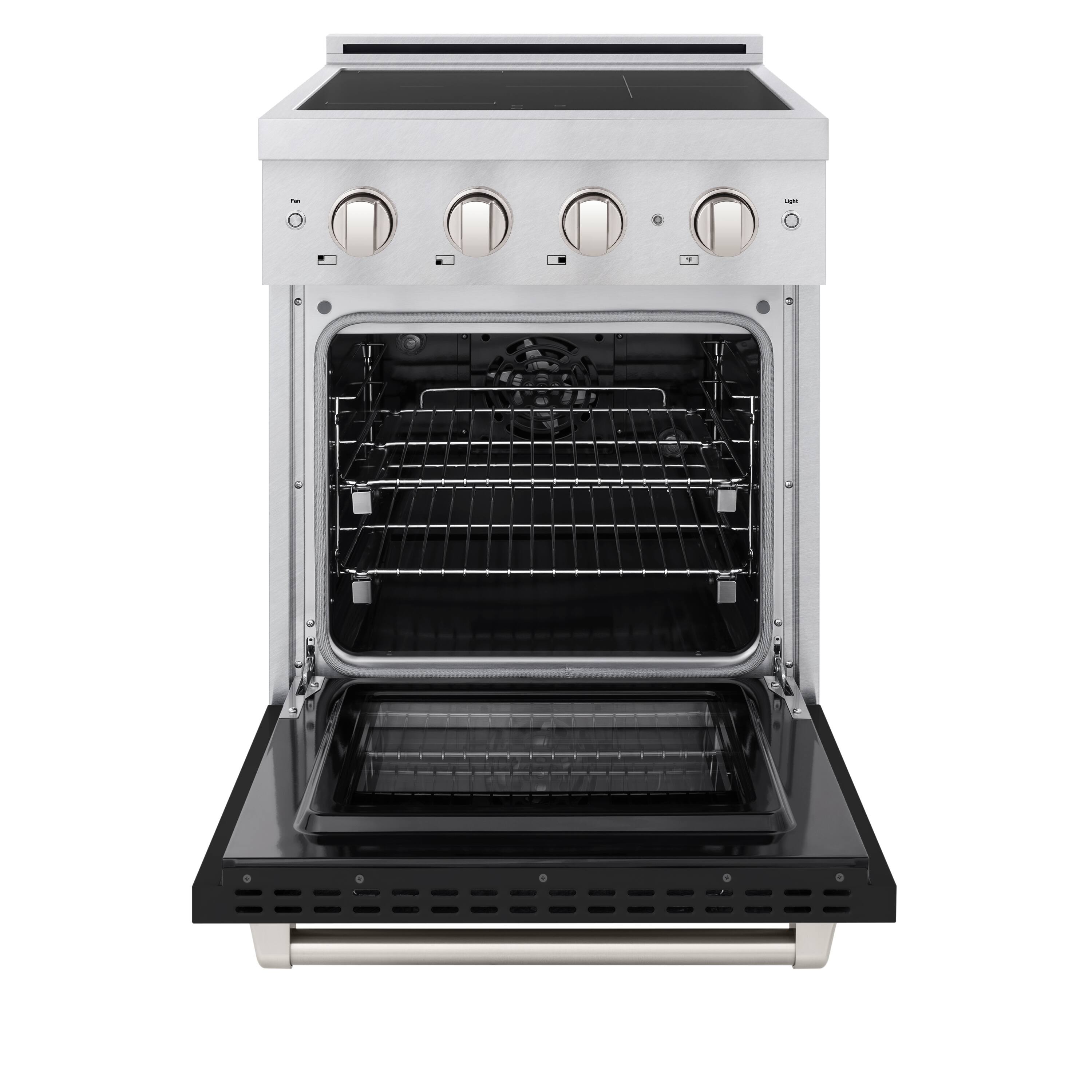 Angle. ZLINE - 24 in. 3.2 cu. ft. Paramount Freestanding Induction Range with 3 Burners and Electric Oven in Satin Steel w/ Black Door - Black Matte.