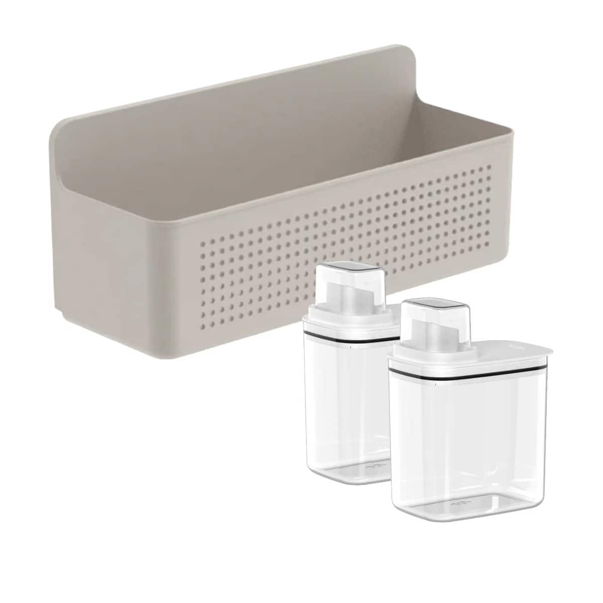 OU - Laundry Detergent Dispenser & Wall Rack Set, 2‑Pack 50 oz Clear Soap Dispensers w/ Measuring Cap & Hanging Storage Rack - Beige price history on PriceWatchPro