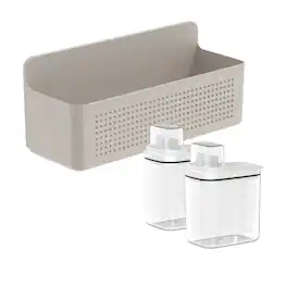 OU - Laundry Detergent Dispenser & Wall Rack Set, 2‑Pack 50 oz Clear Soap Dispensers w/ Measuring Cap & Hanging Storage Rack - Beige