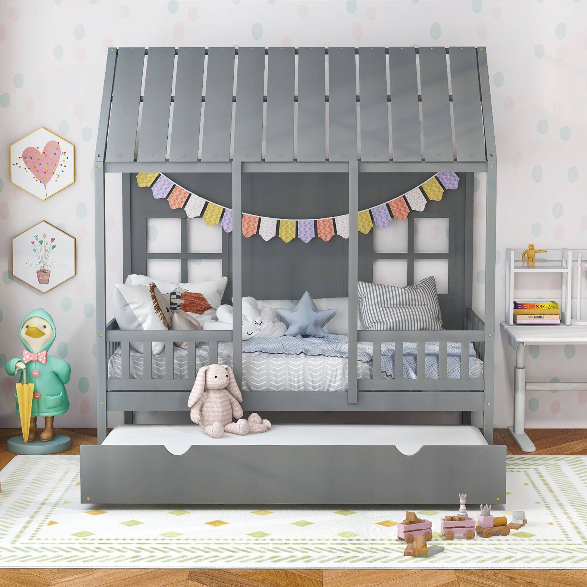 Alt View 8. Gymax - Gymax Twin Size House Bed with Trundle Fence Decor Wooden Windows Tall Roof Gray - Gray.