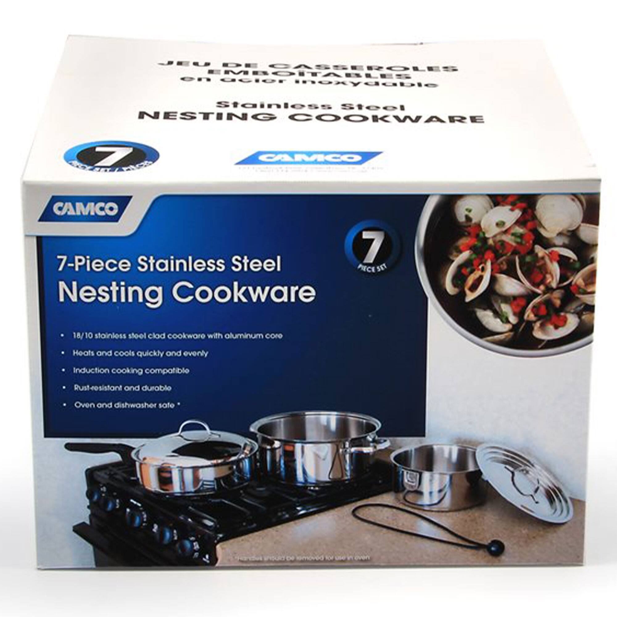 JEU DE CASSEROLES en acier inoxydable Stainless Steel NESTING COOKWARE 7-Piece Stainless Steel Nesting Cookware 18/10 stainless steel clad cookware with aluminum core Heats and cools quickly and evenly Induction cooking compatible Rust-resistant and durable Oven and dishwasher safe