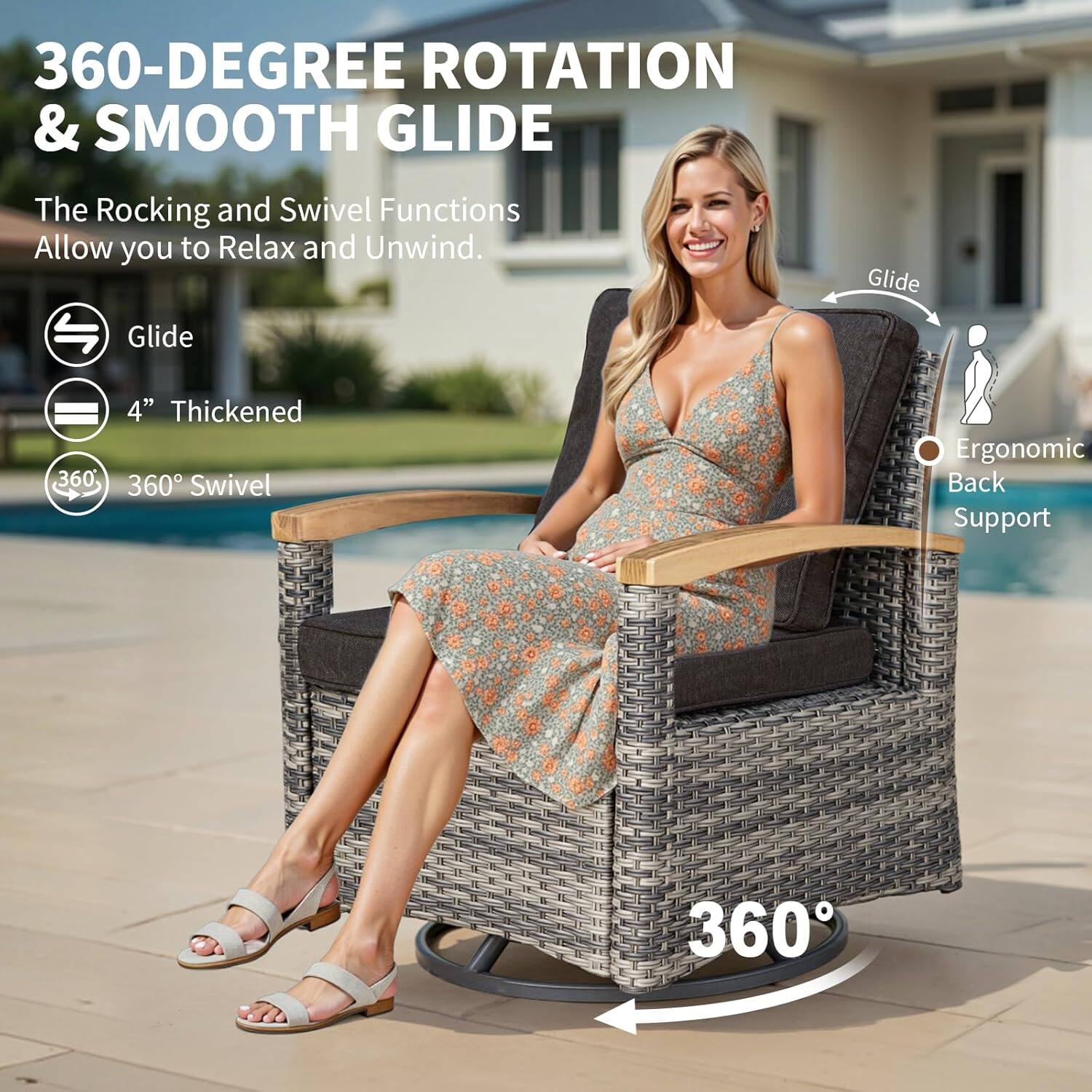 360-Degree Rotation & Smooth Glide  
The Rocking and Swivel Functions Allow you to Relax and Unwind.  

- Glide  
- 4" Thickened  
- 360° Swivel  
- Ergonomic Back Support